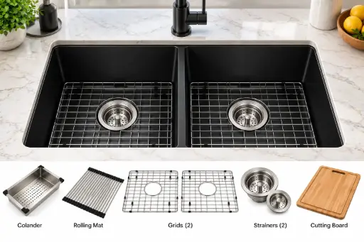 [CG2BB] StoneEdge Double-Bowl Undermount Quartz Sink 31.5x18.11x9.5 (Black) (Black)