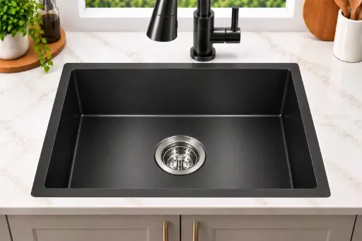 [LARGO2420] StoneEdge Single-Bowl Dualmount Quartz Sink 24×20×9 (Deep Black)