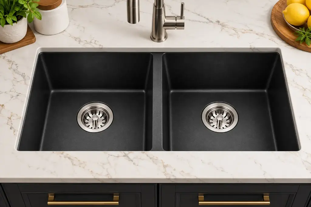 StoneEdge Double-Bowl Undermount Quartz Sink 33×19×9 (Deep Black)
