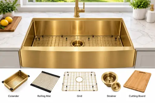 [ASG3320] FarmHouse Apron Single-Bowl 33x20x10, Handcrafted Dualmount 16-Gauge Stainless Steel Sink (Gold) (Single Bowl, Gold)