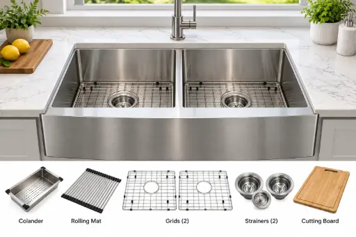 [ADR3320] FarmHouse Apron Double-Bowl 33x20x10, Handcrafted Dualmount 16-Gauge Stainless Steel Sink (Brush Nickel) (Double Bowl, Brush Nickel)