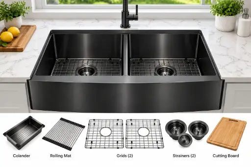 [ADB3320] FarmHouse Apron Double-Bowl 33x20x10, Handcrafted Dualmount 16-Gauge Stainless Steel Sink (Gun Metal Black) (Double Bowl, Gun Metal Black)
