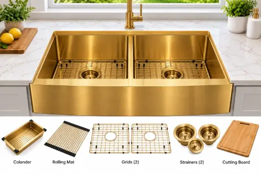[ADG3320] FarmHouse Apron Double-Bowl 33x20x10, Handcrafted Dualmount 16-Gauge Stainless Steel Sink (Gold) (Double Bowl, Gold)