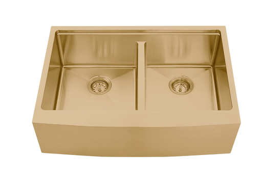 [ADG3320] FarmHouse Apron Double-Bowl 33x20x10, Handcrafted Dualmount 16-Gauge Stainless Steel Sink (Gold) (Double Bowl, Gold)