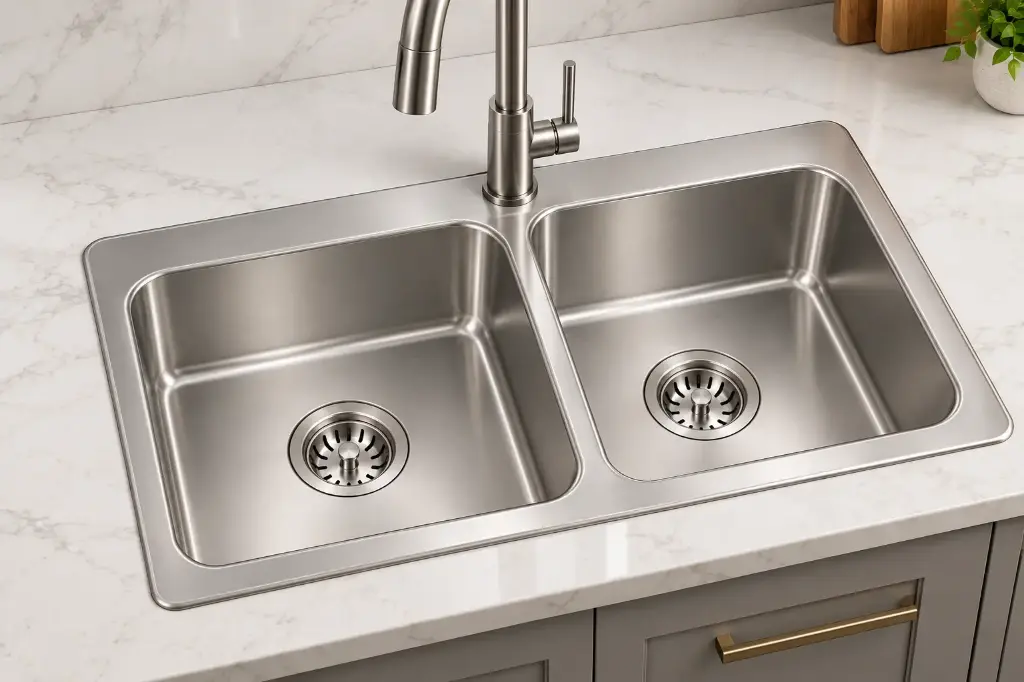 CorePress Double-Bowl 31x20x8, Pressed Topmount One Hole Stainless Steel Sink (Brush Nickel)