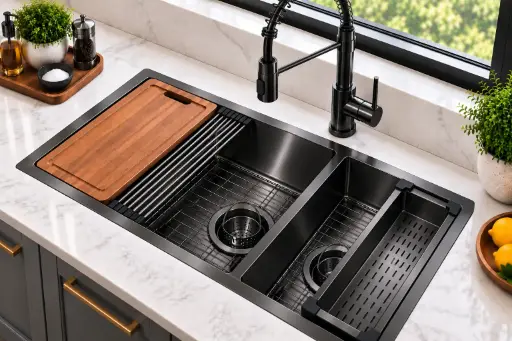 [WDB3018] NorthCraft Double-Bowl Workstation Sink 30x18x10, Handcrafted 16-Gauge Stainless Steel with Accessories (Brush Black) (Gun Metal Black, 30"x18")