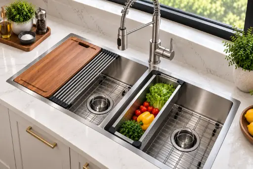 [WD3218] NorthCraft Double-Bowl Workstation Sink 32×18x10, Handcrafted 16-Gauge Stainless Steel with Accessories (Brush Nickel) (Brush Nickel, 32"x18")