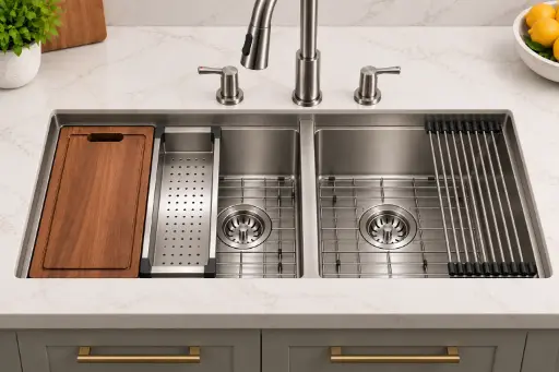 [WD3218] NorthCraft Double-Bowl Workstation Sink 32×18x10, Handcrafted 16-Gauge Stainless Steel with Accessories (Brush Nickel) (Brush Nickel, 32"x18")