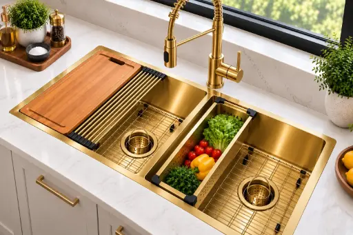 [WDG3218] NorthCraft Double-Bowl Workstation Sink 32x18x10, Handcrafted 16-Gauge Stainless Steel with Accessories (Brush Gold) (Brush Gold, 32"x18")