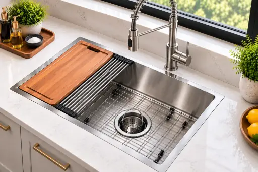 [WS3018] NorthCraft Single-Bowl Workstation Sink 30x18x10, Handcrafted 16-Gauge Stainless Steel with Accessories (Brush Nickel) (Brush Nickel, 30"x18")