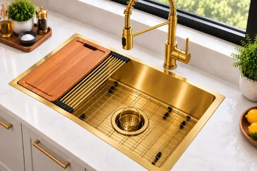 [WSG3218] NorthCraft Single-Bowl Workstation Sink 32x18x10, Handcrafted 16-Gauge Stainless Steel with Accessories (Brush Gold) (Brush Gold, 32"x18")