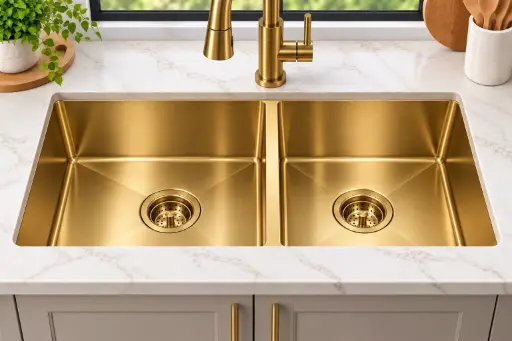 [HDG3218] ColorForge Double-Bowl Undermount 32x18x9, Handcrafted 18-Gauge Stainless Steel (Gold) (Gold, Double Bowl, 32"x18")