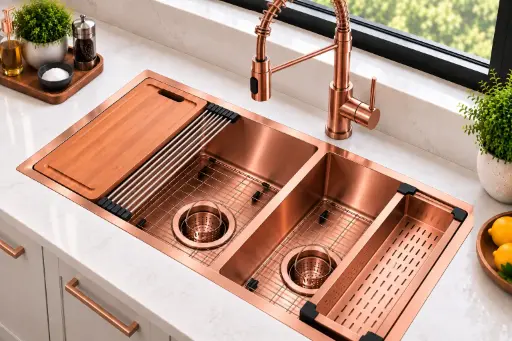 [HDC3218] ColorForge Double-Bowl Undermount Sink 32x18x9, Handcrafted 18-Gauge Stainless Steel (Copper) (Copper, Double Bowl, 32"x18")