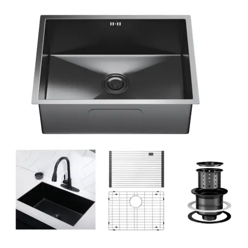 [HSB2418] ColorForge Single-Bowl Undermount Sink 24x18x9, Handcrafted 18-Gauge Stainless Steel (Gun Metal Black) (Gun Metal Black, Single Bowl, 24"x18")