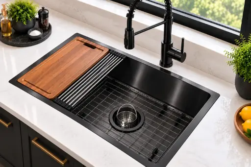 [WSB2718] NorthCraft Single-Bowl Workstation Sink 27x18x9, Handcrafted 16-Gauge Stainless Steel with Accessories (Gun Metal Black) (Gun Metal Black, 27"x18")
